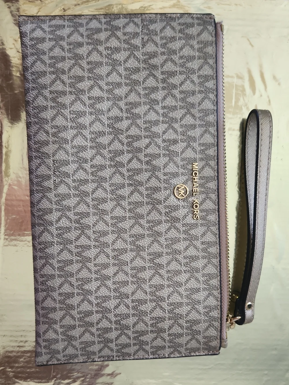 Michael Kors Gray Monogram Wristlet Clutch with Gold Accents